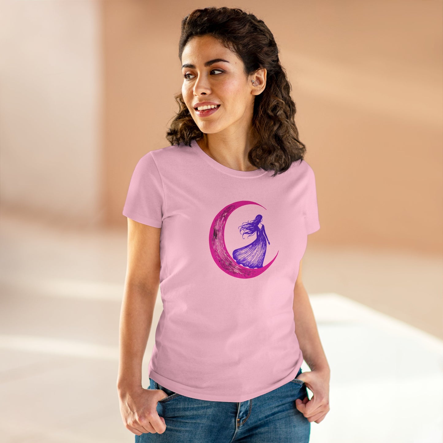 Moonlit Dance Women's Tee — Whimsical Crescent Moon & Dancing Woman Graphic