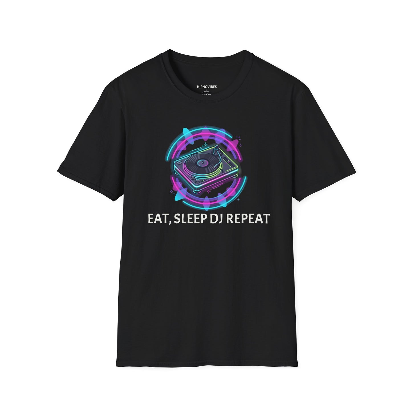DJ Turntable T-Shirt — Eat, Sleep, DJ, Repeat Neon Electronic Music Tee