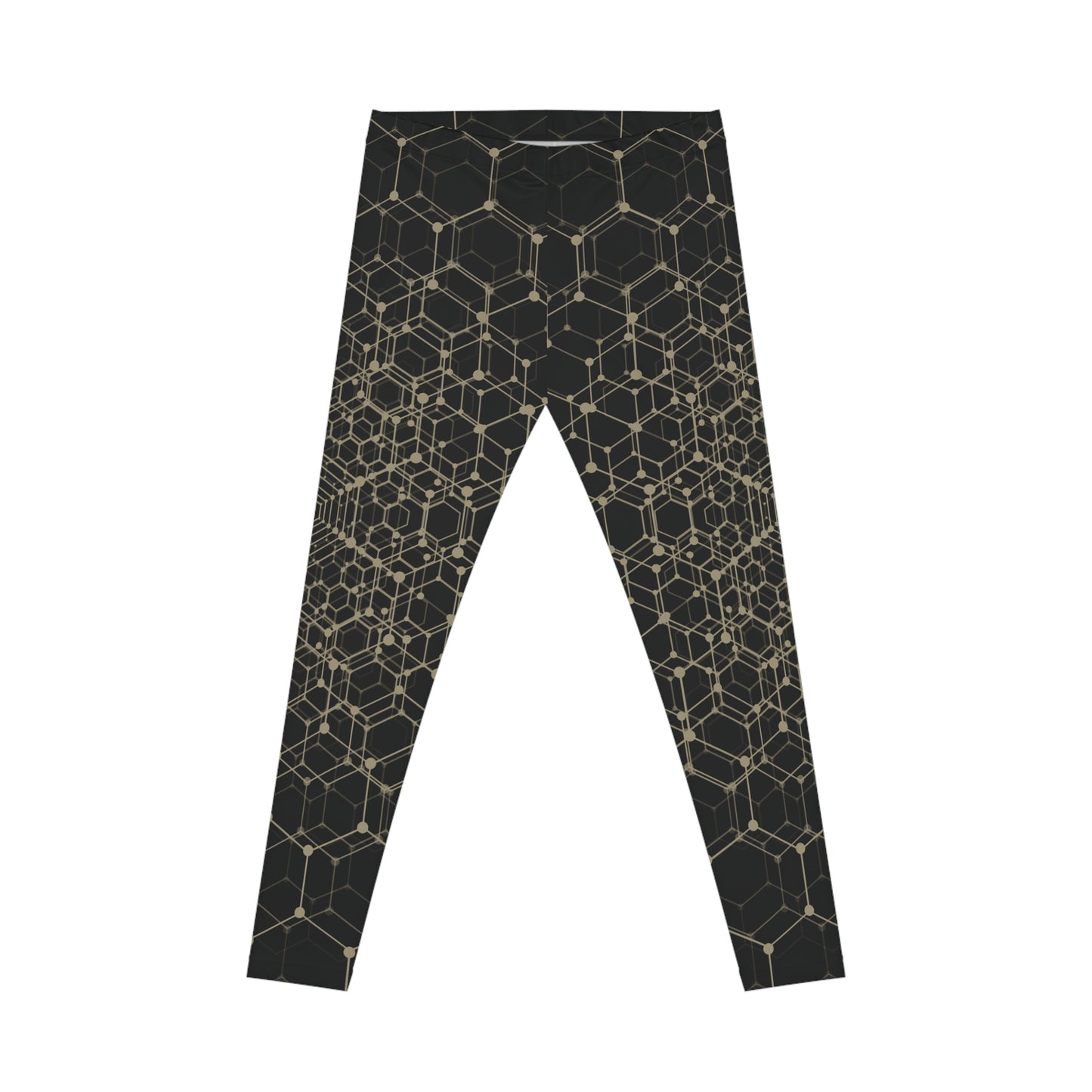 Geometric Honeycomb Leggings — Black & Gold All-Over Print