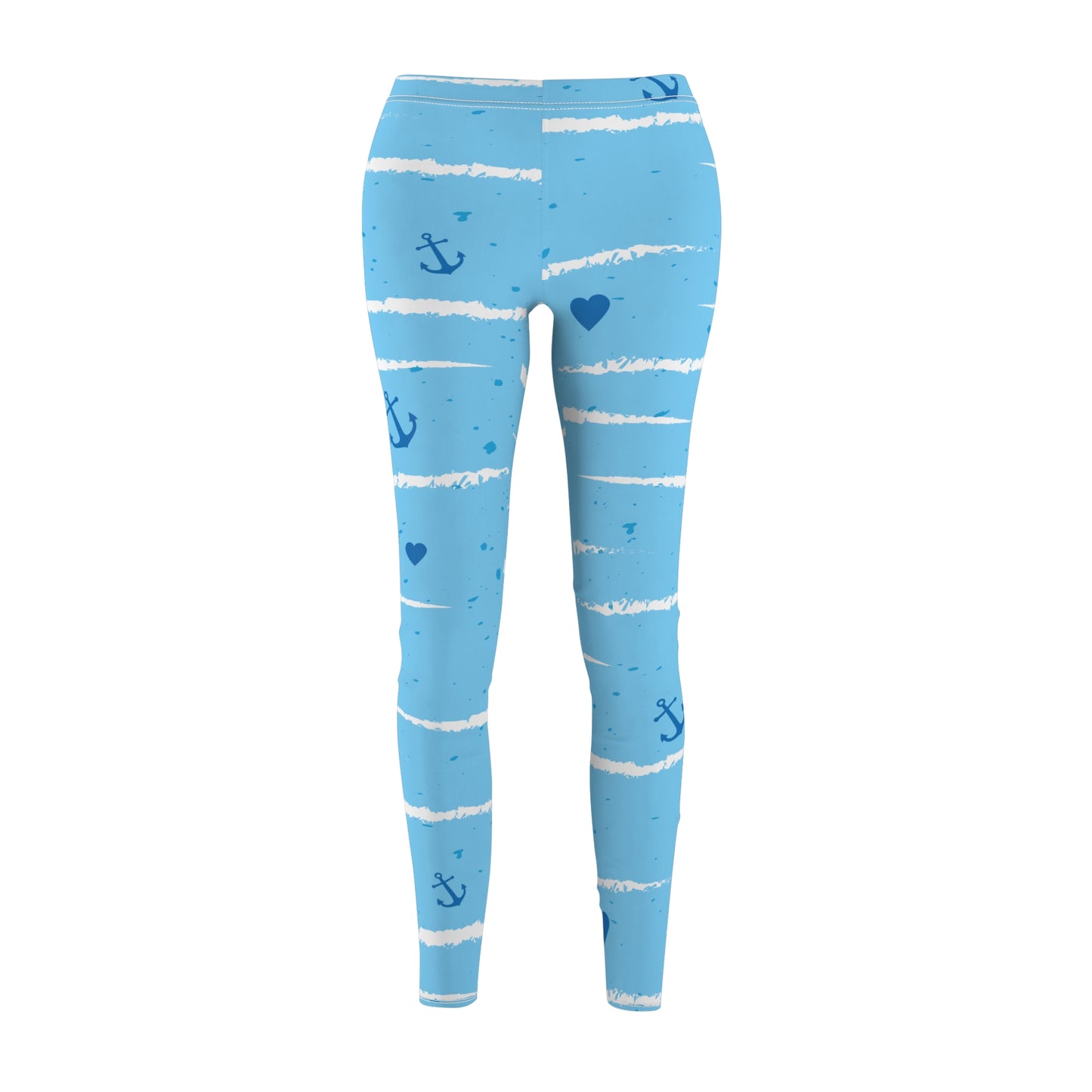 Nautical Stripe Leggings — Blue Anchor & Heart Print Women's Leggings