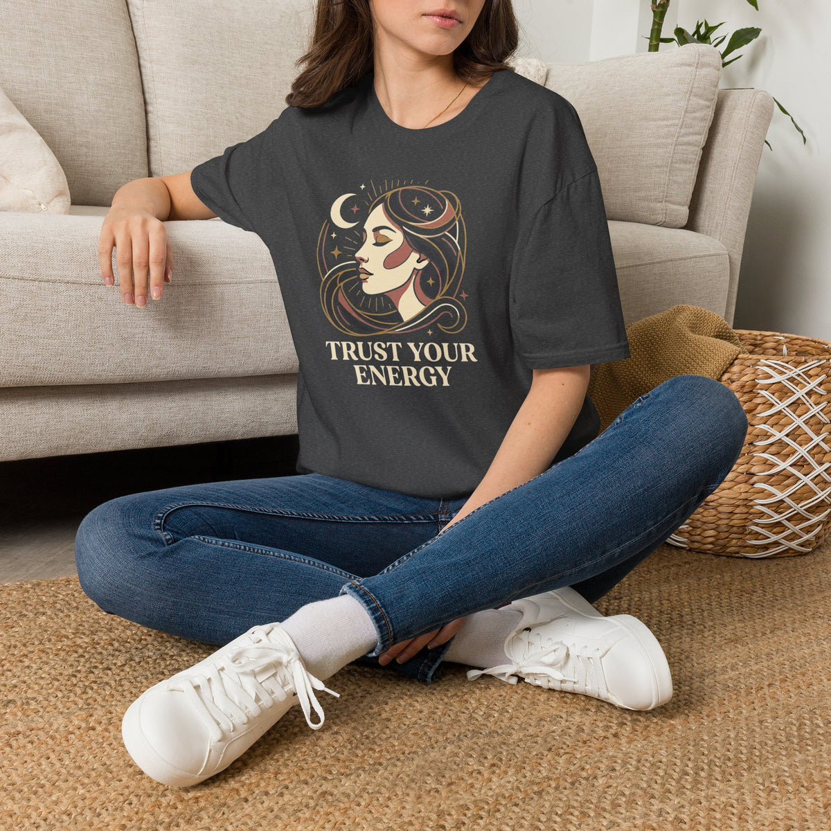 Trust Your Energy T-Shirt — Mystical Moon Woman Graphic Tee