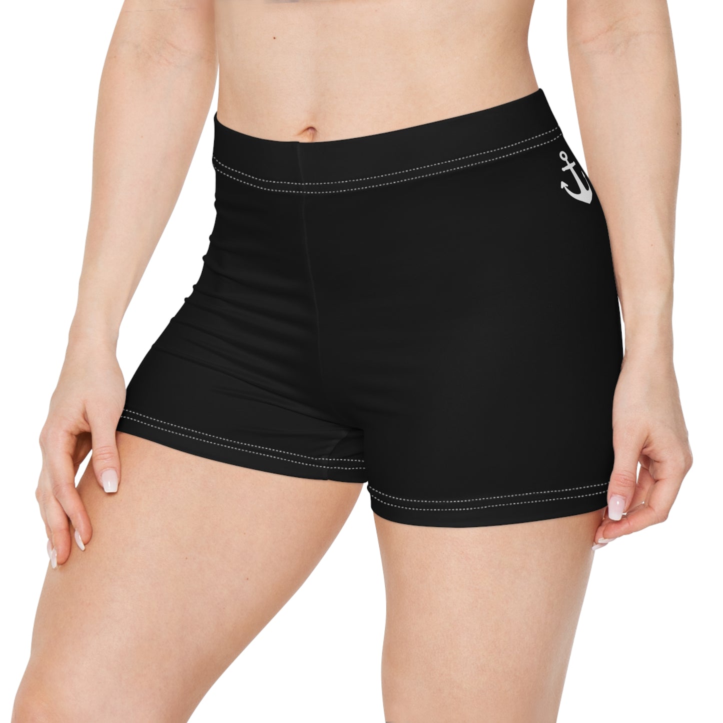 Nautical Anchor Women's Swim Shorts — Black AOP Beach Trunks