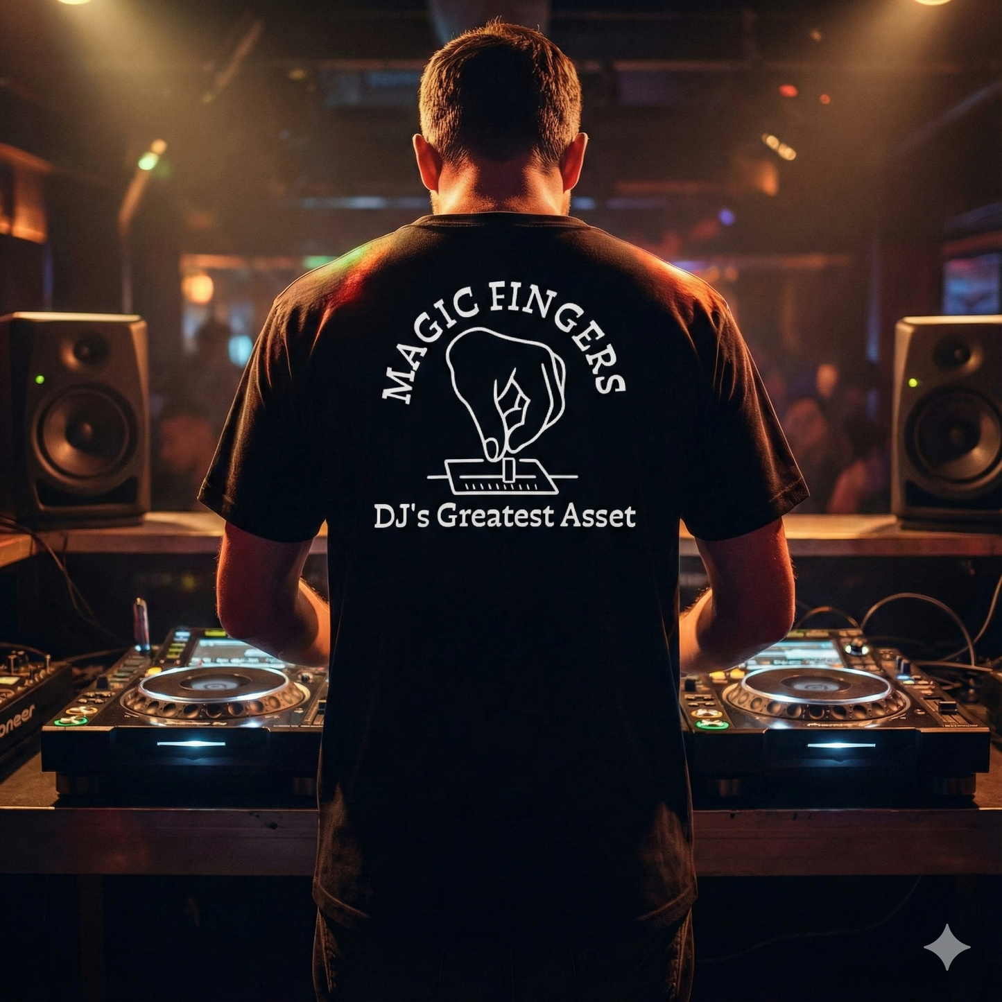 DJ T-Shirt — "Magic Fingers" Back Print with Turntable Graphic