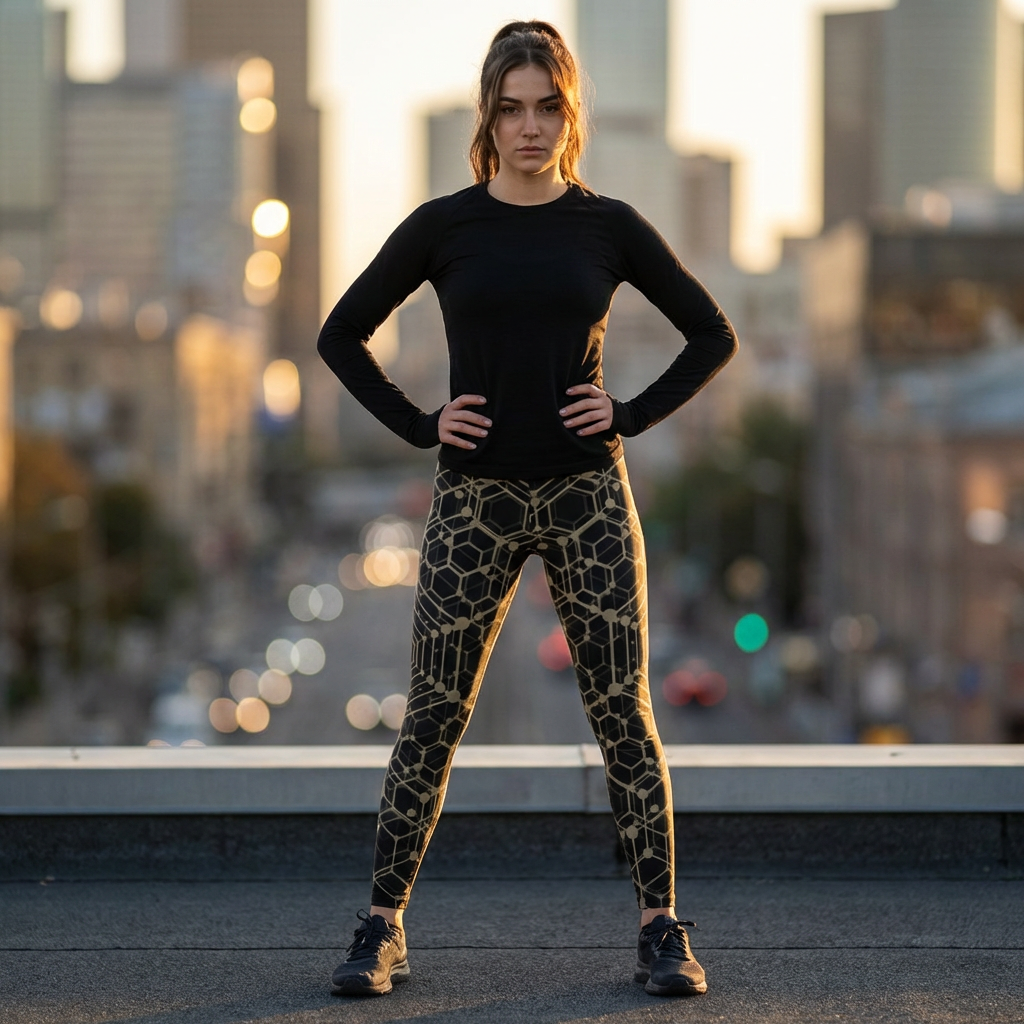 Geometric Honeycomb Leggings — Black & Gold All-Over Print