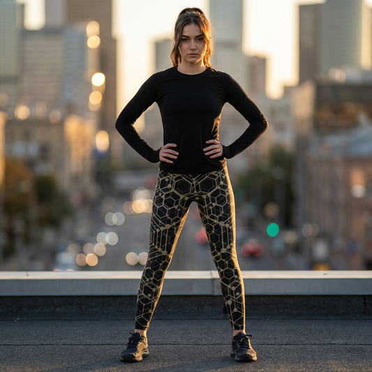 Geometric Honeycomb Leggings — Black & Gold All-Over Print