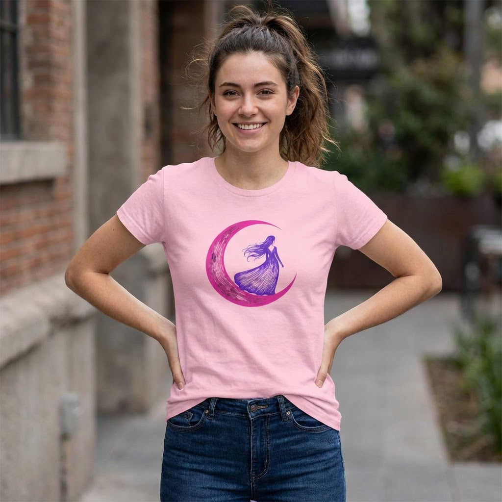Moonlit Dance Women's Tee — Whimsical Crescent Moon & Dancing Woman Graphic