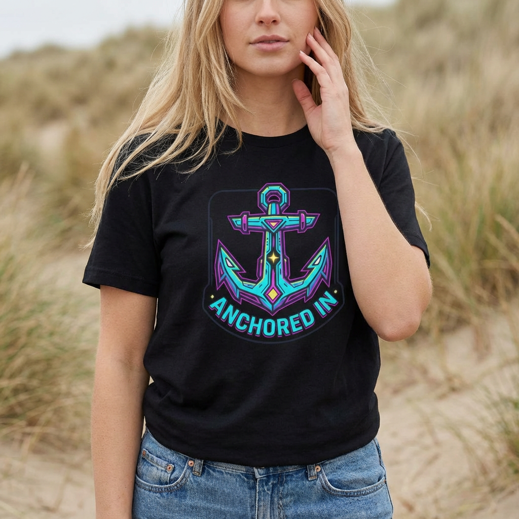 Anchored In — Neon Nautical Anchor Graphic Tee | Men's Crew Neck