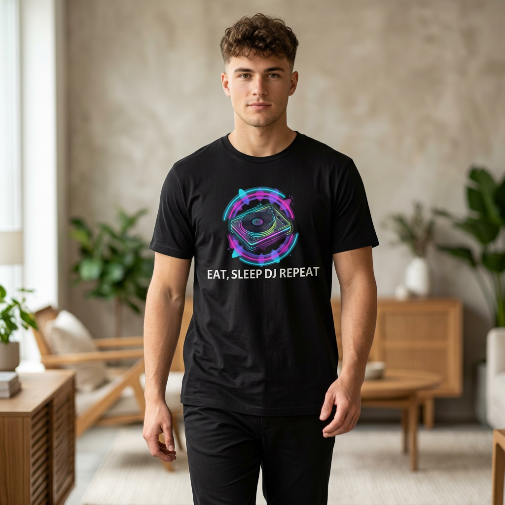 DJ Turntable T-Shirt — Eat, Sleep, DJ, Repeat Neon Electronic Music Tee