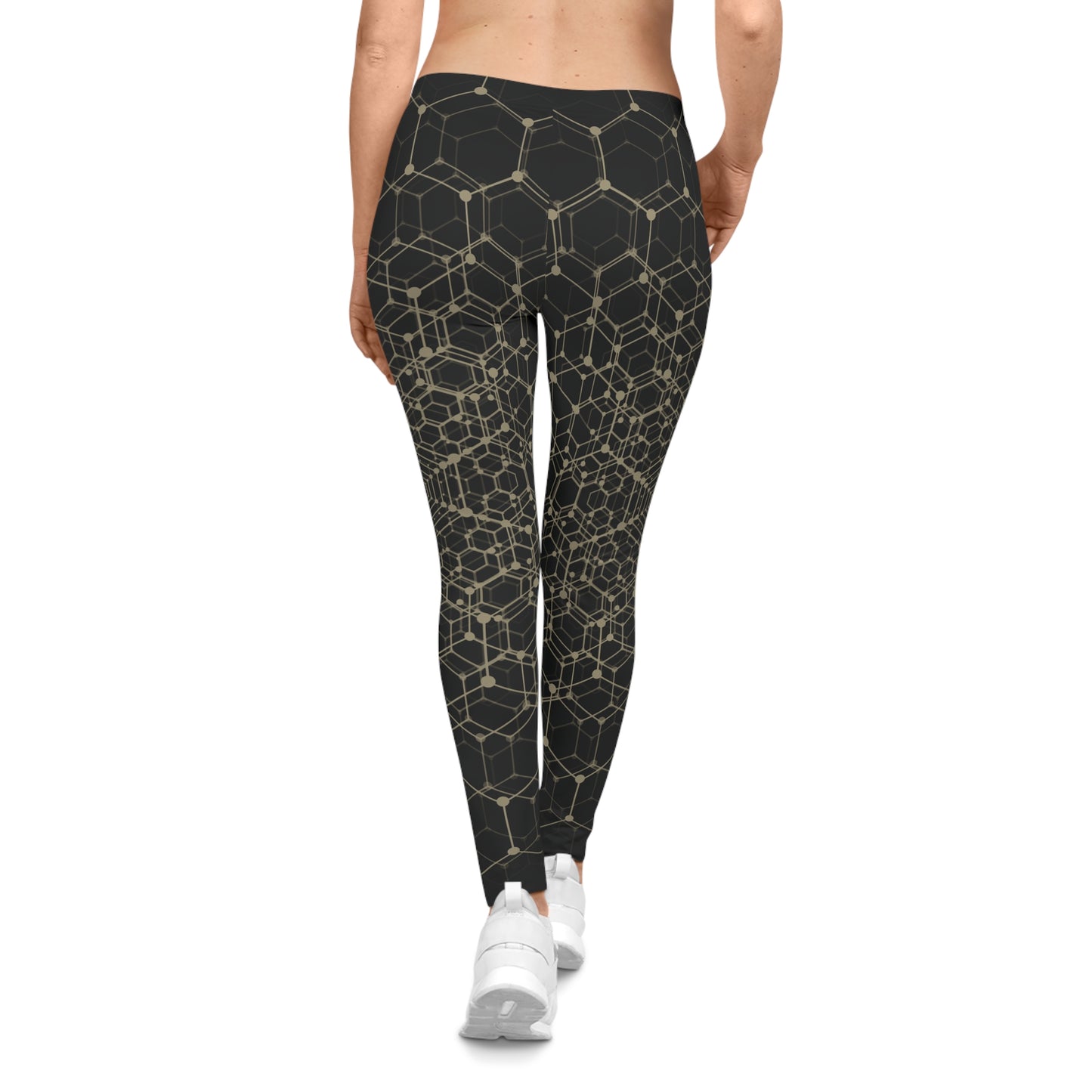 Geometric Honeycomb Leggings — Black & Gold All-Over Print