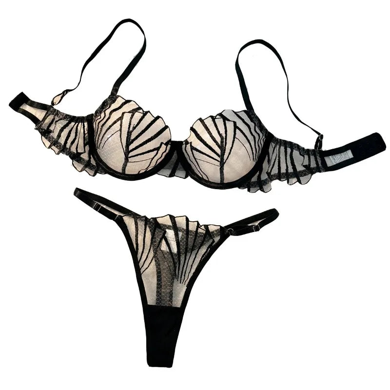 2pcs Women's Bra Set Sexy Lace Mesh Lingerie Set Ultra Thin Breathable Comfortable Lightweight Scallop Transparent Lingerie Set