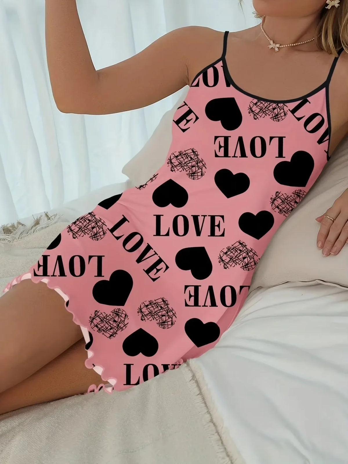 Love Heart Print Satin Sleepwear Dress for Women Sexy Spaghetti Strap Nightgown Soft Summer Loungewear Pajama Dress