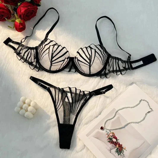 2pcs Women's Bra Set Sexy Lace Mesh Lingerie Set Ultra Thin Breathable Comfortable Lightweight Scallop Transparent Lingerie Set