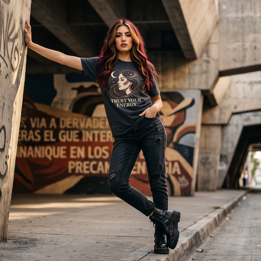 Trust Your Energy T-Shirt — Mystical Moon Woman Graphic Tee