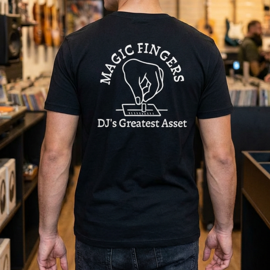 DJ T-Shirt — "Magic Fingers" Back Print with Turntable Graphic