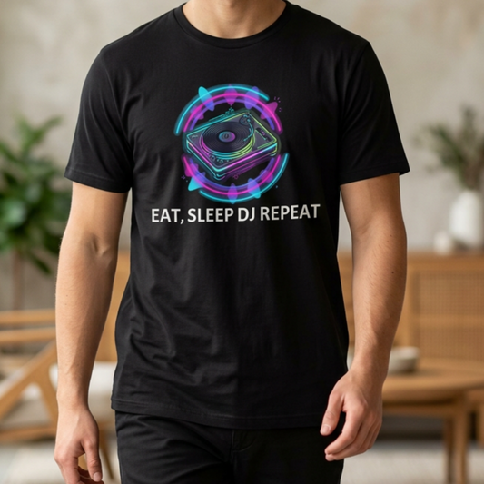 DJ Turntable T-Shirt — Eat, Sleep, DJ, Repeat Neon Electronic Music Tee