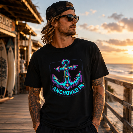 Anchored In — Neon Nautical Anchor Graphic Tee | Men's Crew Neck