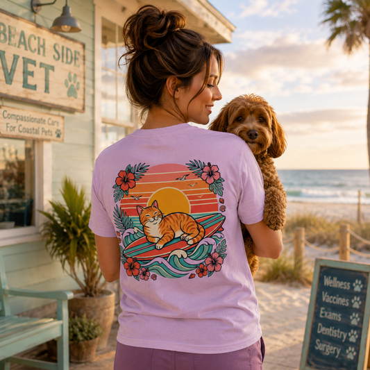 Cat Surfer & Sunshine | Coastal Graphic Tee