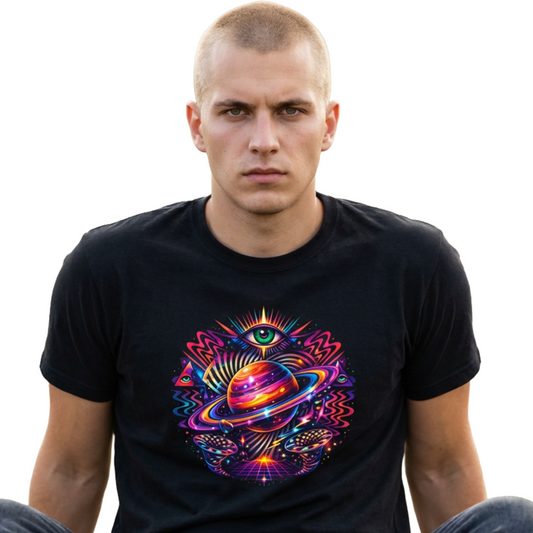 Cosmic Lotus Planet T‑Shirt — Psychedelic Saturn Graphic Tee