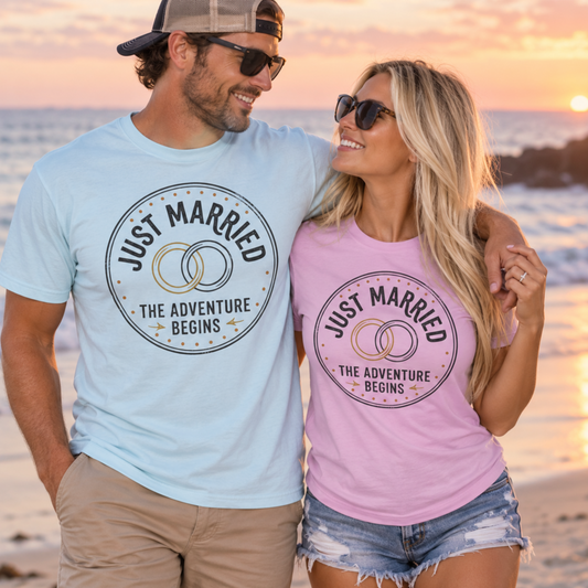 Just Married T-Shirt — The Adventure Begins Wedding Tee