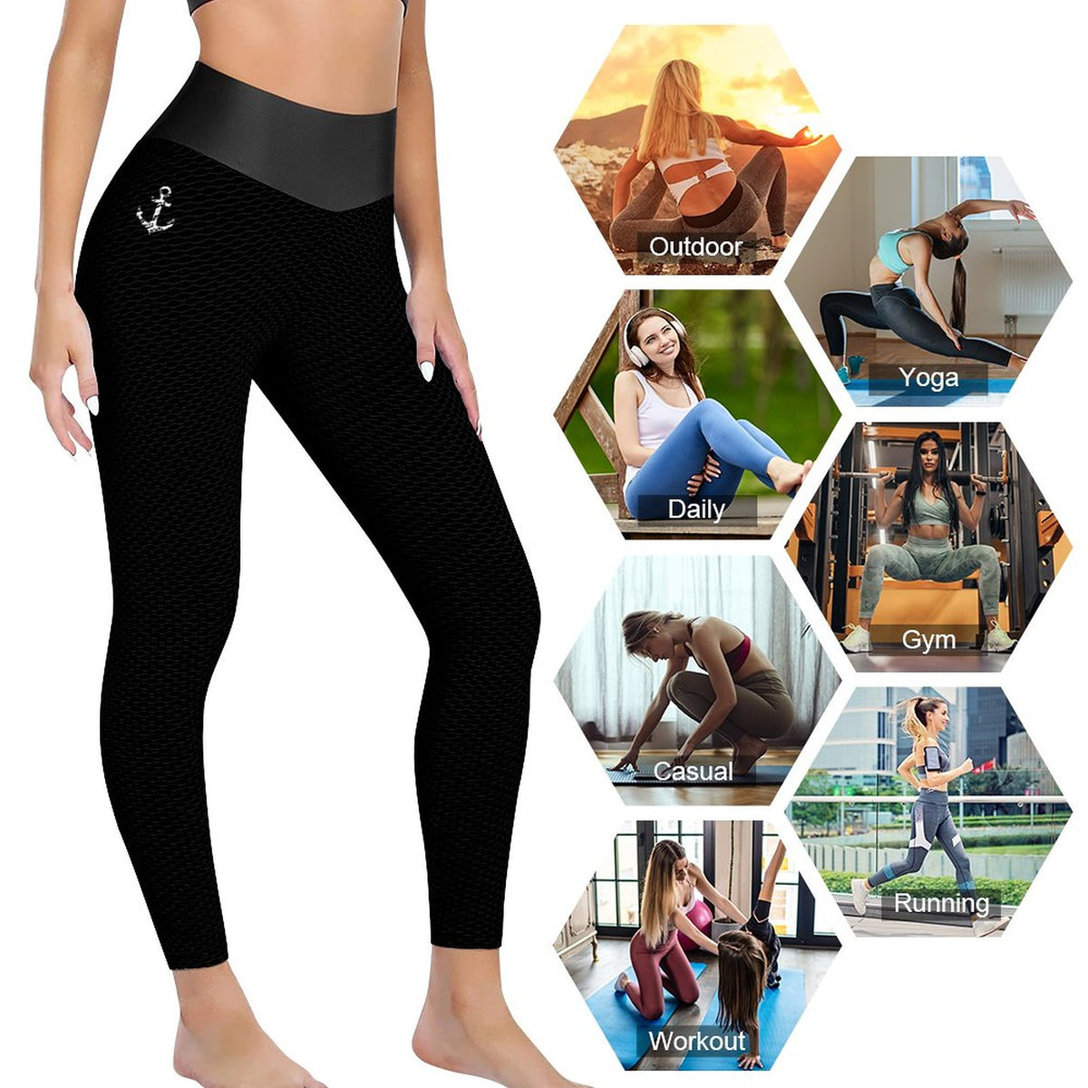 Black Honeycomb Textured Yoga Pants for Women