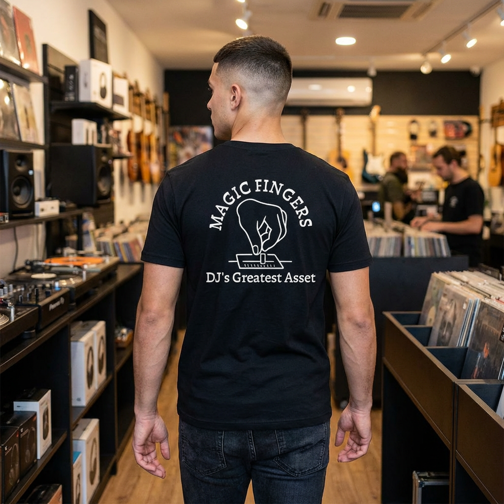 DJ T-Shirt — "Magic Fingers" Back Print with Turntable Graphic