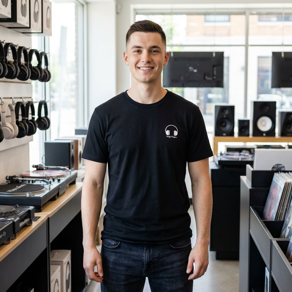 DJ T-Shirt — "Magic Fingers" Back Print with Turntable Graphic