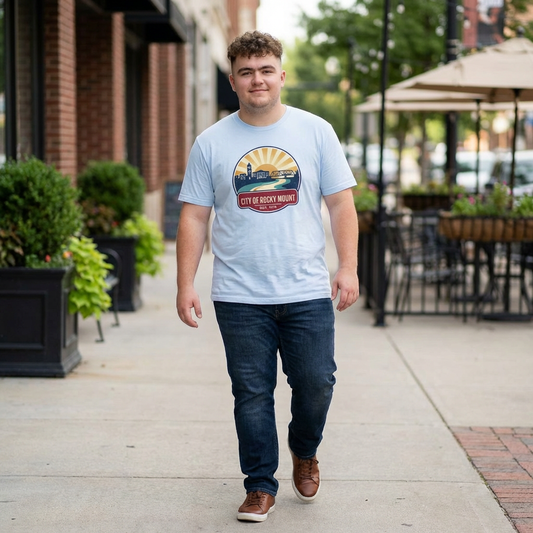Rocky Mount Cityscape T-Shirt — "City of Rocky Mount" Retro Sunrise Tee