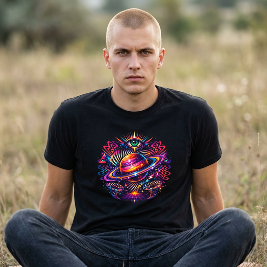 Cosmic Lotus Planet T‑Shirt — Psychedelic Saturn Graphic Tee