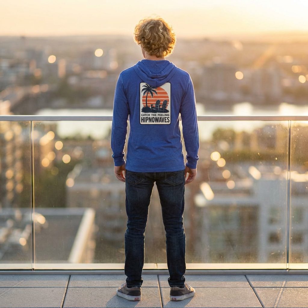 Hooded Long Sleeve Tee — 'Catch the Feeling HipnoWaves' Vintage Surf Graphic